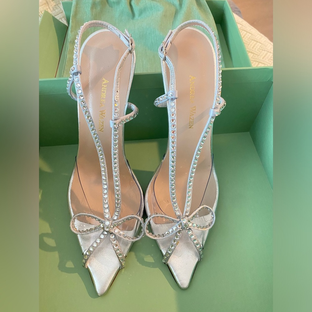 Andrea Wazen Stilettos, Silver, Leather, PVC, Swarovski, Size 37=Size 7 ,Worn 1X